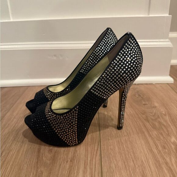 Enzo Angiolini Black, Gold and Silver Gem Studded Platform Heels - Picture 1 of 8